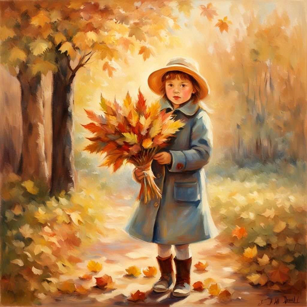 Girl Offers Autumn Bouquet in Soft Impressionism