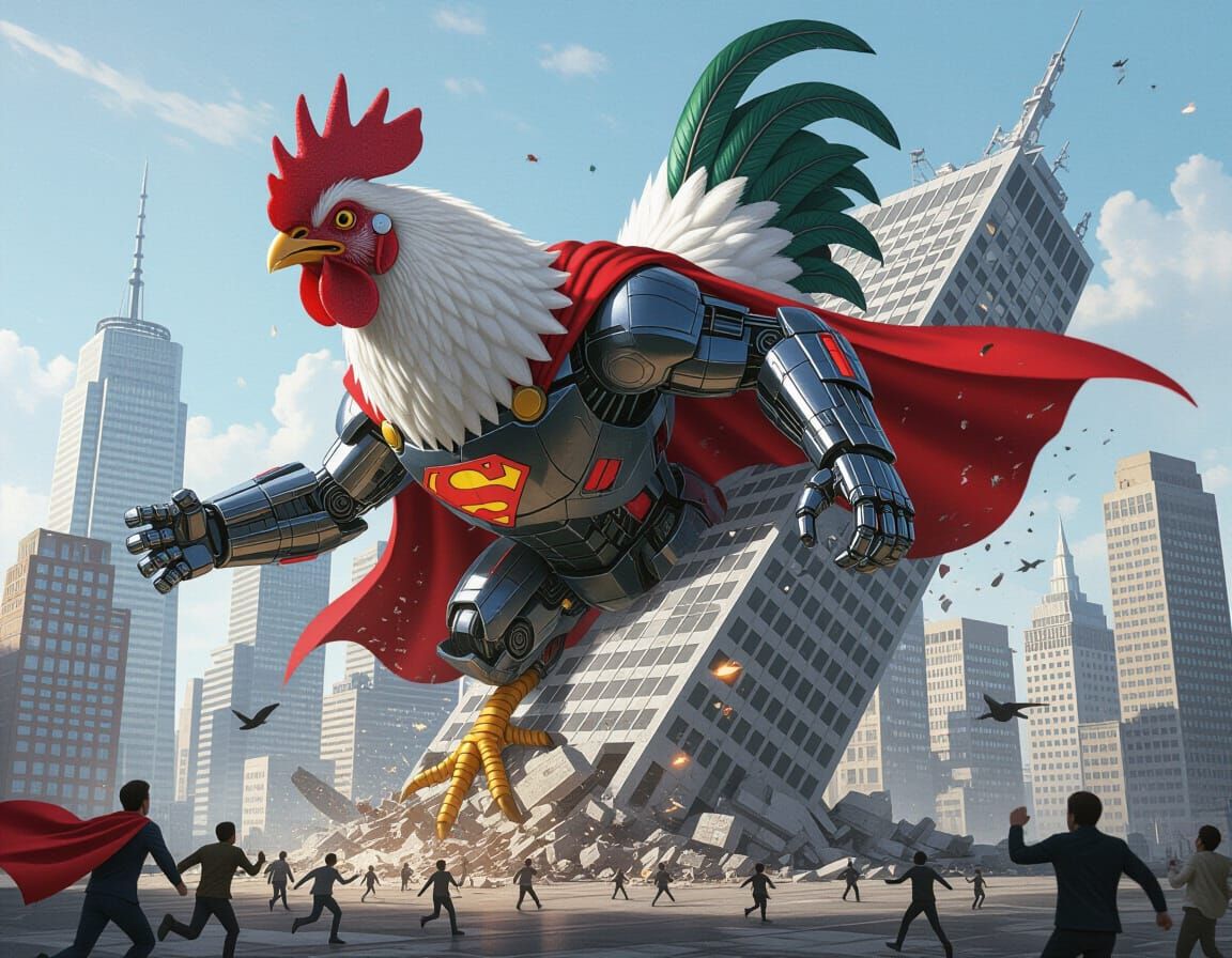 Giant Cyborg Chicken Crushing Skyscraper