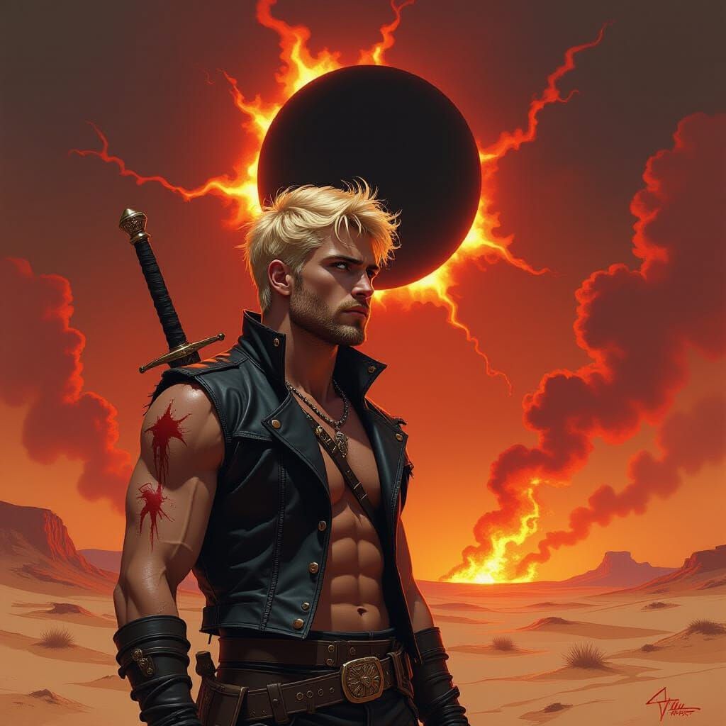 Warrior in Desert Inferno Under Solar Eclipse