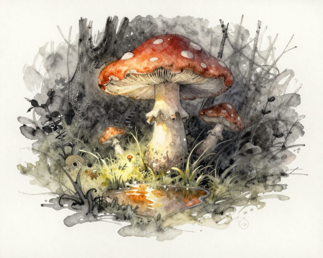 Enchanting Mushroom Grove with Light Sprite in Watercolour S...