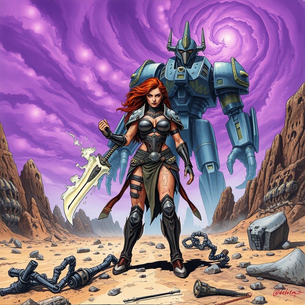 Female Warrior on Alien Battlefield with Robot in Dark Fanta...