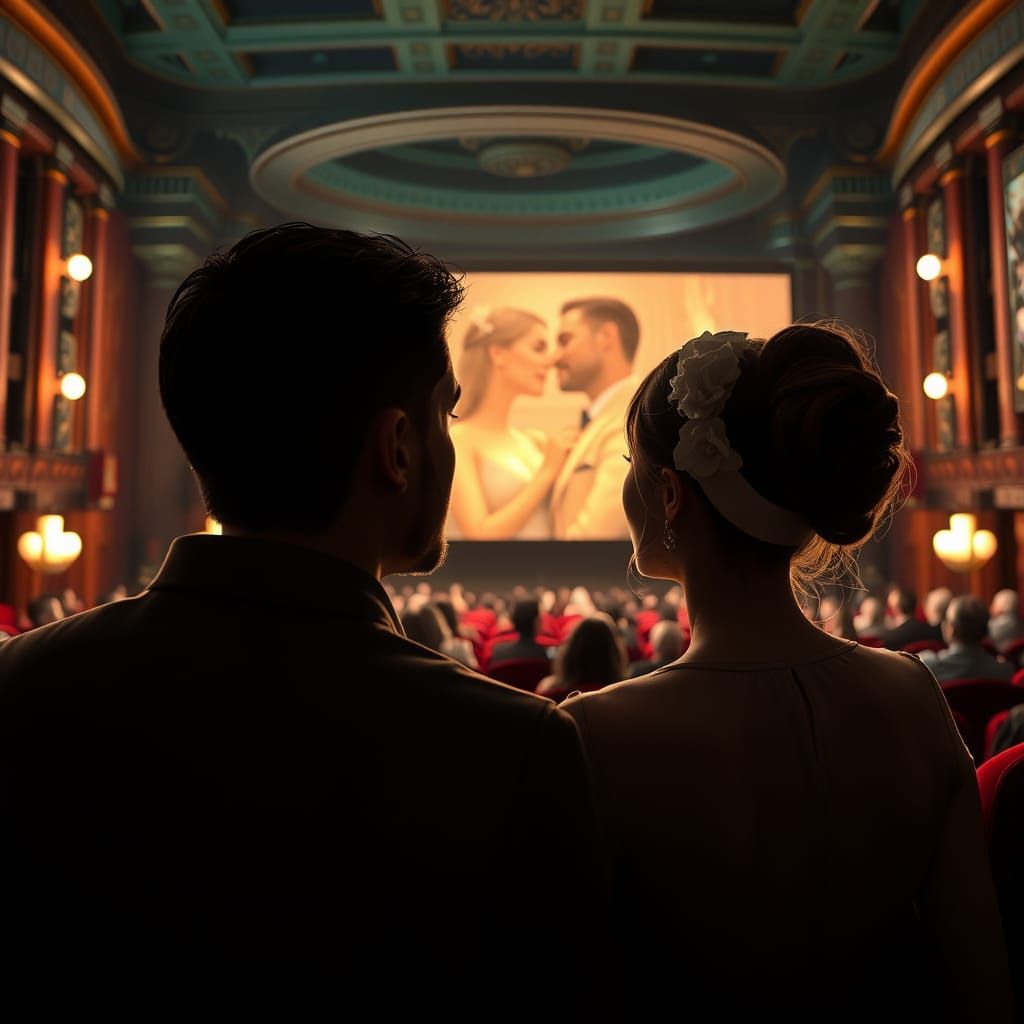 Romantic Cinema Scene in Art Nouveau Style