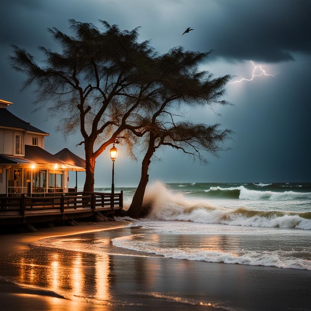 Dramatic Seaside Storm at Nightfall: Photography