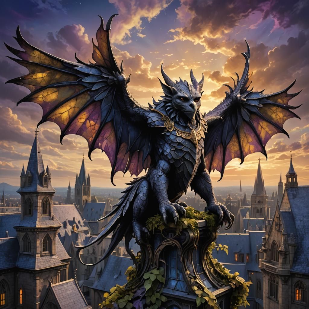 Gargoyle on Gothic Rooftop in Art Nouveau Style