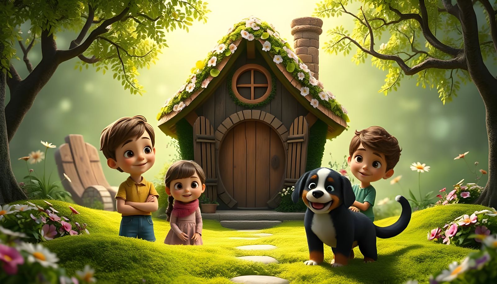Enchanted Garden Cottage with Children, Pixar Style