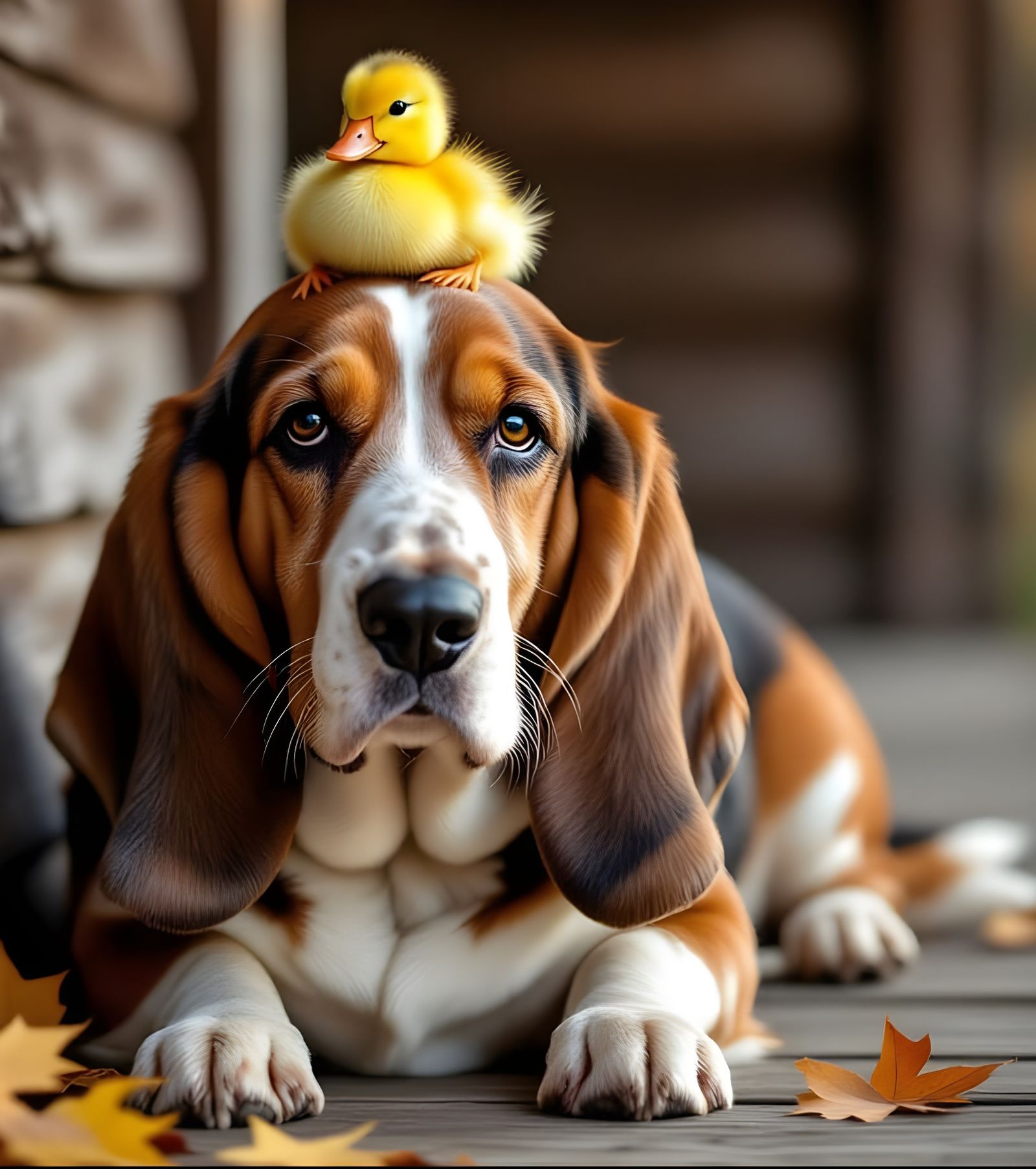 Gentle Basset Hound with Duckling on Porch
