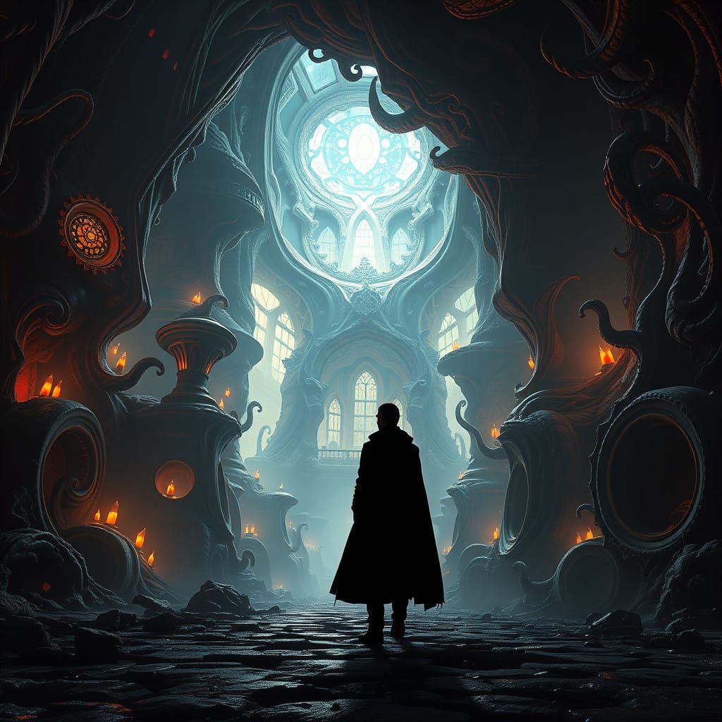 Surreal Figure in Mystical Urban Landscape