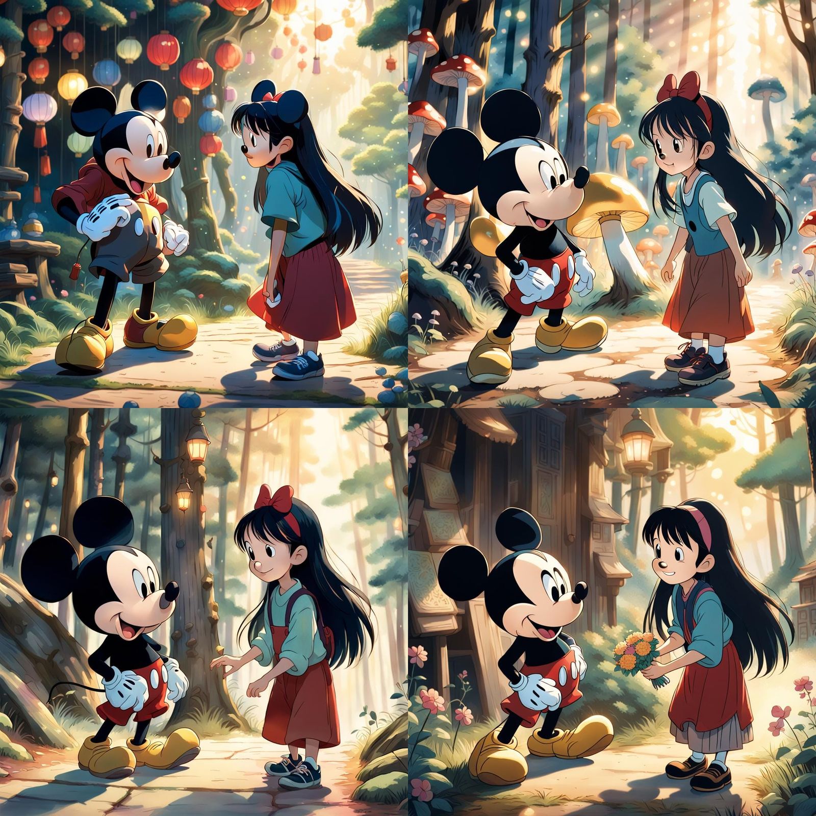 Mickey Mouse Meets Chihiro in Storybook Illustration