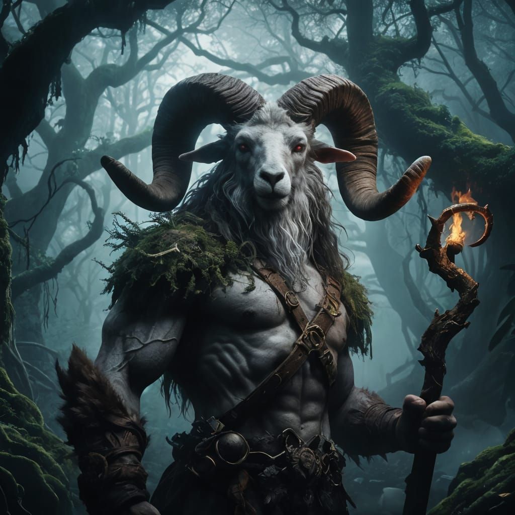 Mystical Ram-Headed Man in Ethereal Forest