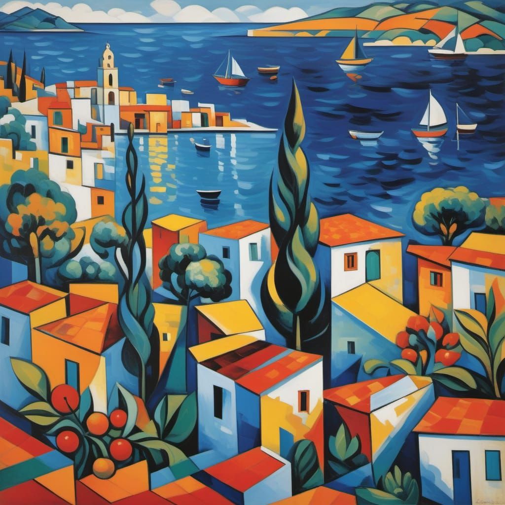 Cubist Mediterranean Harbor Still Life with Bold Colors