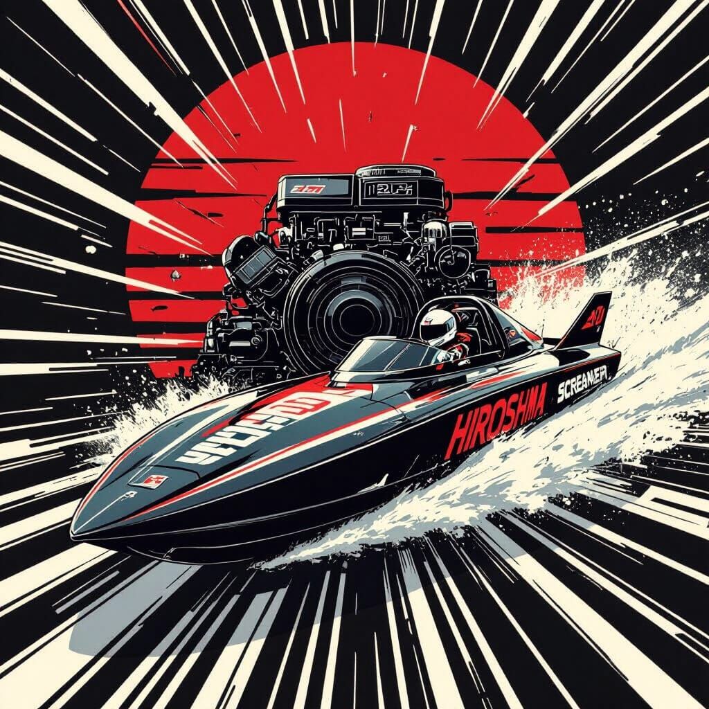 Racing Boat with Rising Sun, Digital Sketch