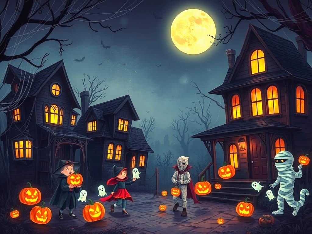 Spooky Halloween Night With Haunted Houses and Eerie Costume...