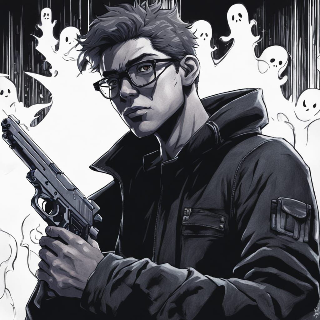 Cyberpunk Anime Boy Surrounded by Ghostly Silhouettes