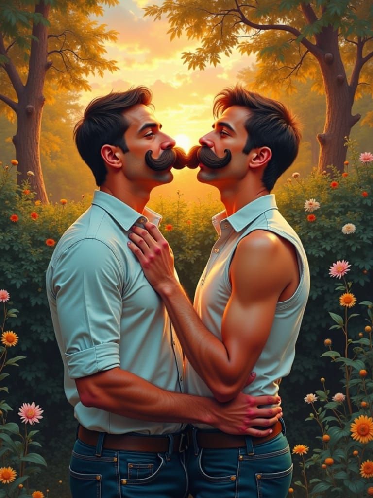 Two Men Adorned with Luscious Moustaches in a Serene Sunset ...