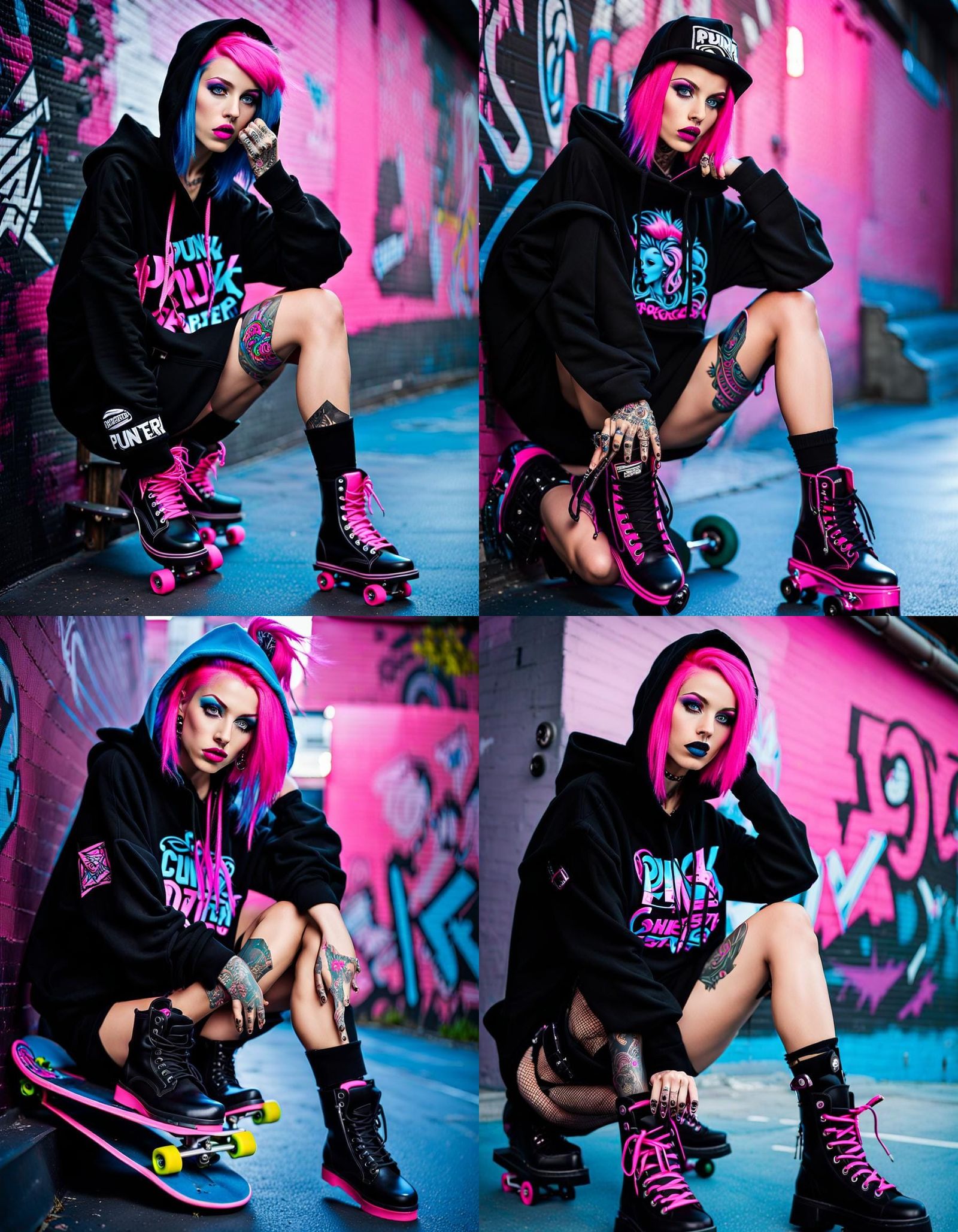 Punk Skater Woman in Cyberpunk Urban Scene