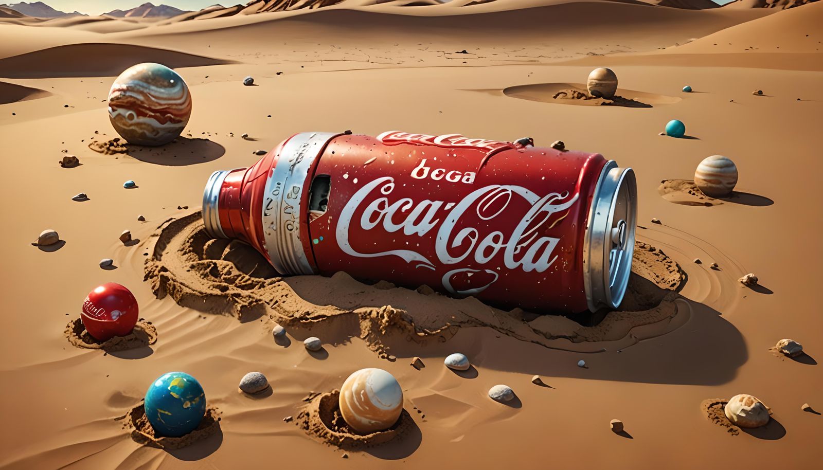 Deformed Coke Can in Desert with Planets