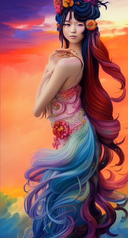Harajuku Princess with Flowing Hair: Digital Art