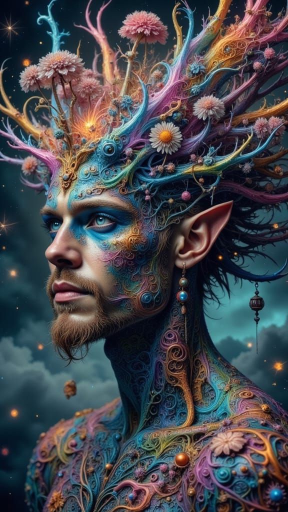 Bioluminescent Fractal Man Dreamscape as Surreal Portrait