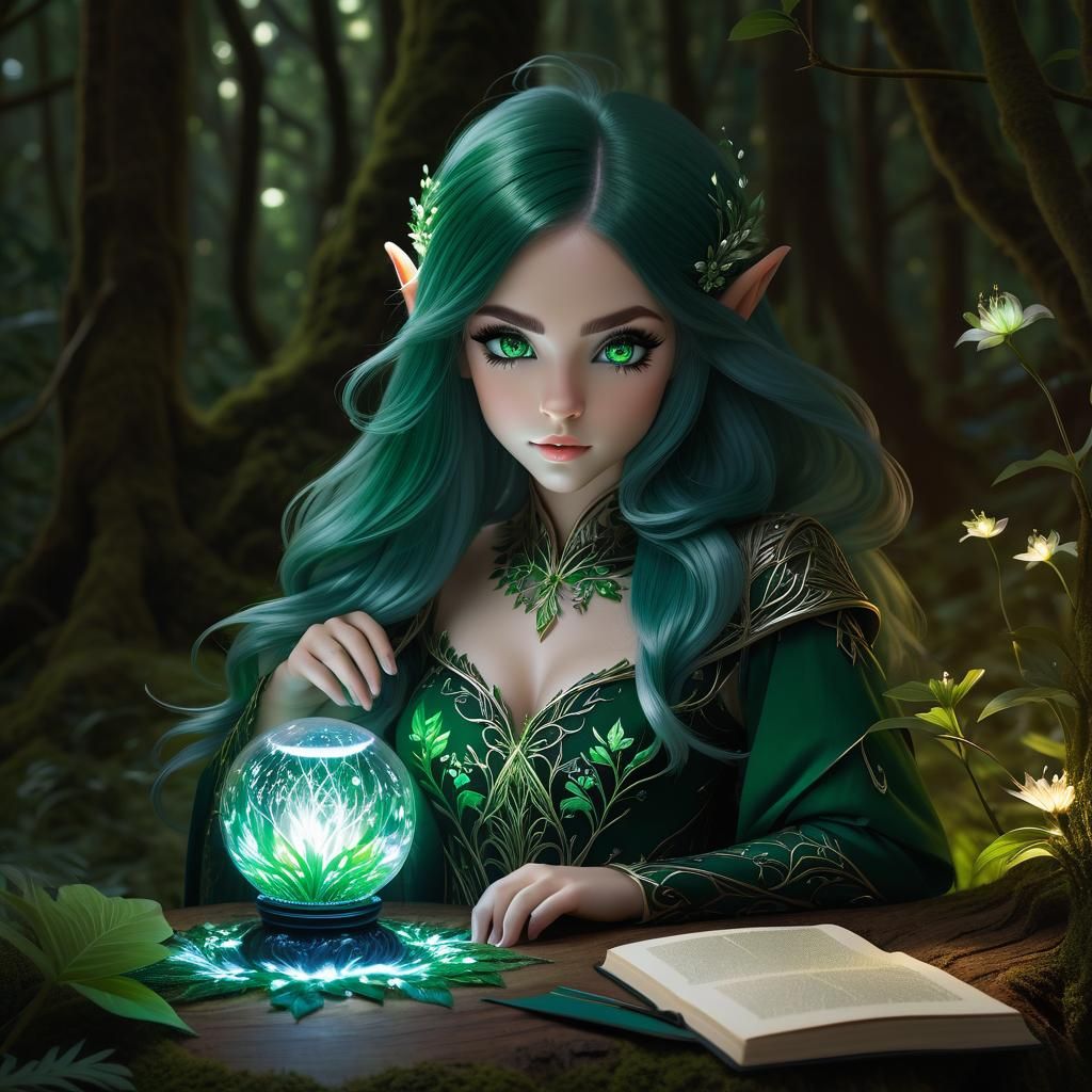 Eerie Forest Elf in Lush Flora, Ink Art