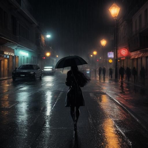 Moody Night Drive: Car Rushes Through Rain-Soaked City