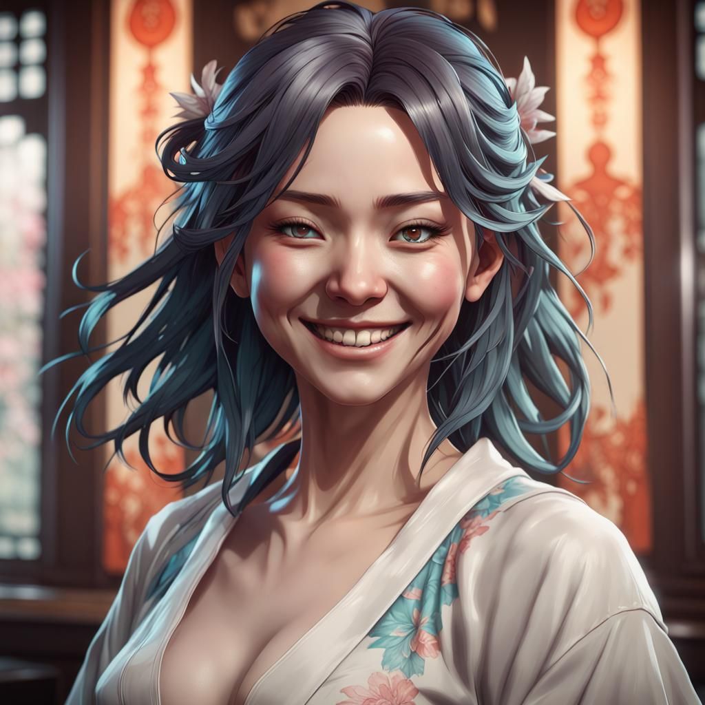 Smiling Japanese Woman in Mental Health Concept Art