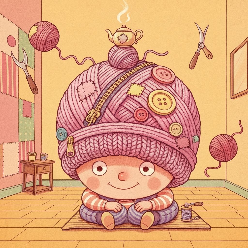 Whimsical Knitted Hat with Tea Set in Cozy Room