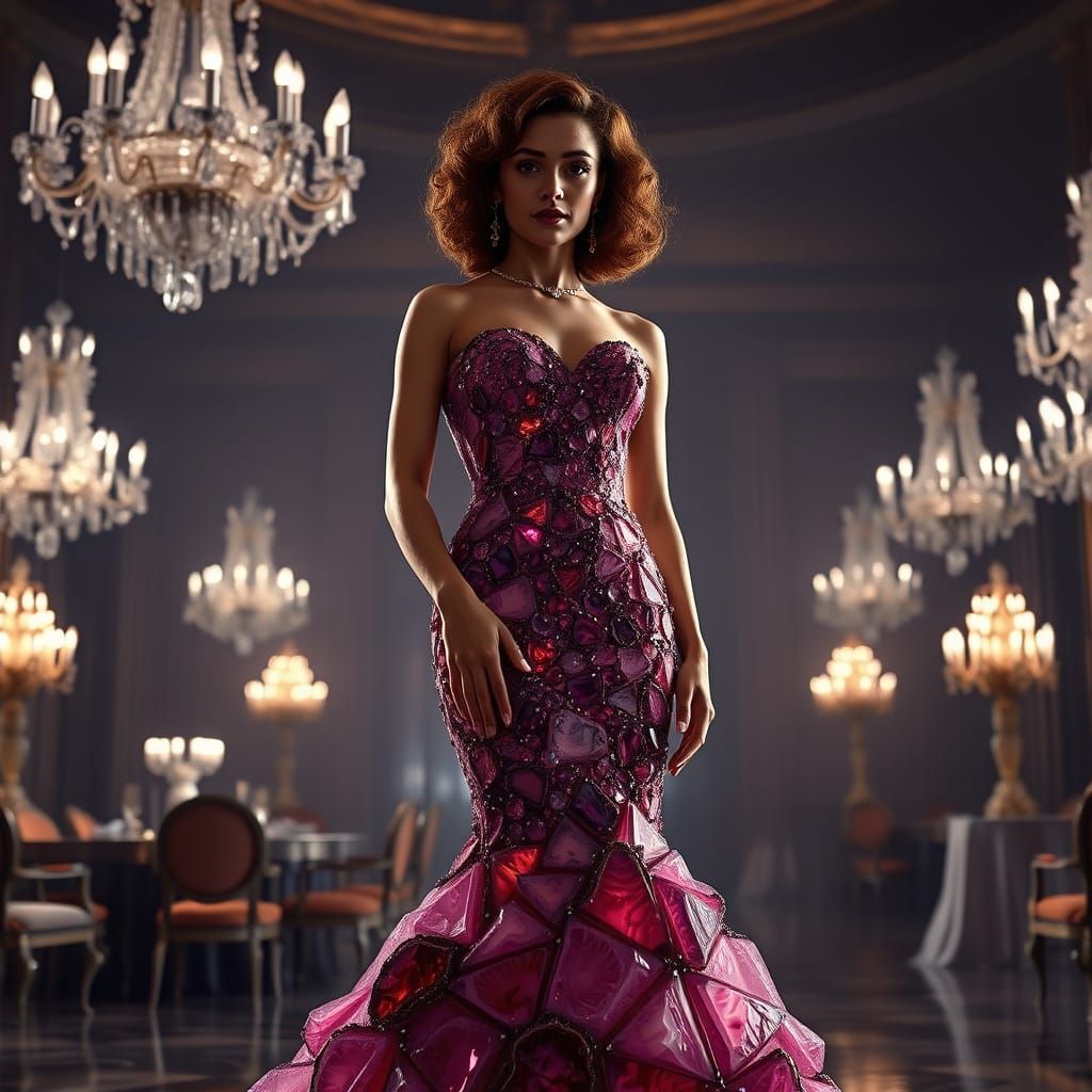 Woman in Grand Ballroom with Crystal Geode Mermaid Dress