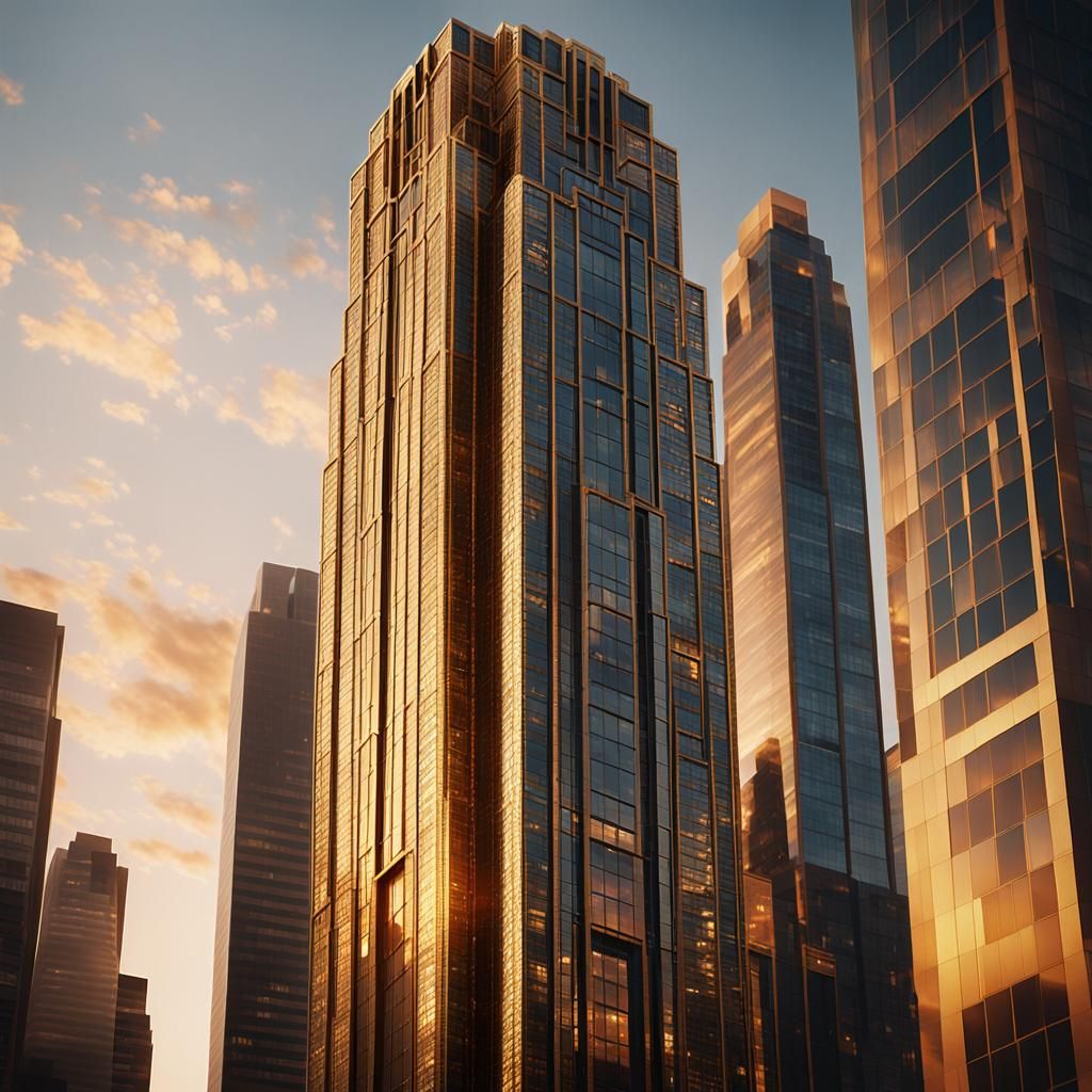 Art Deco Skyscraper at Sunset: Cinematic Film Still