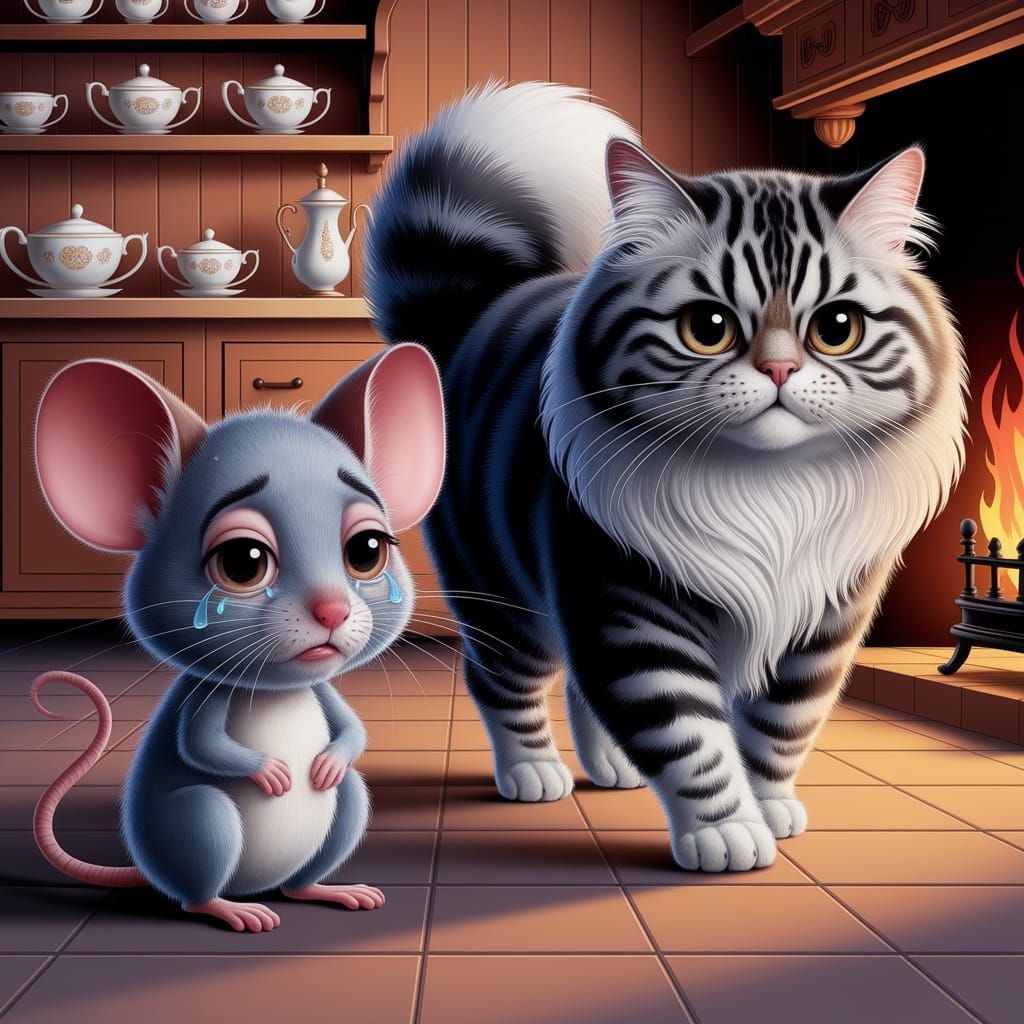 Sad Mouse and Regal Cat in Whimsical Caricature Style