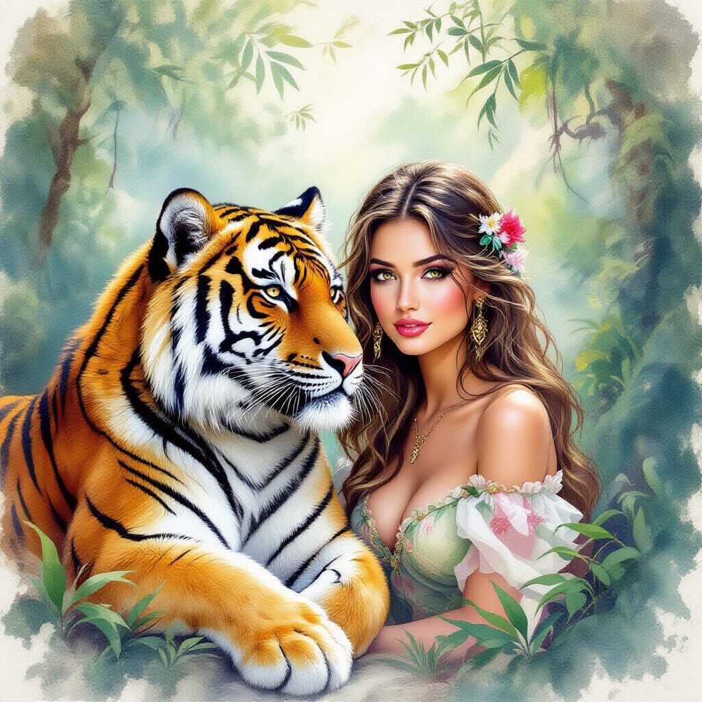 Tiger and Woman in Jungle, Fantasy Art