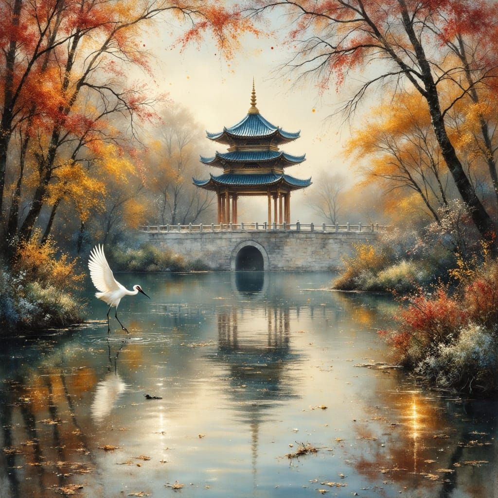 Crane in Temple Pond with Asian Motifs