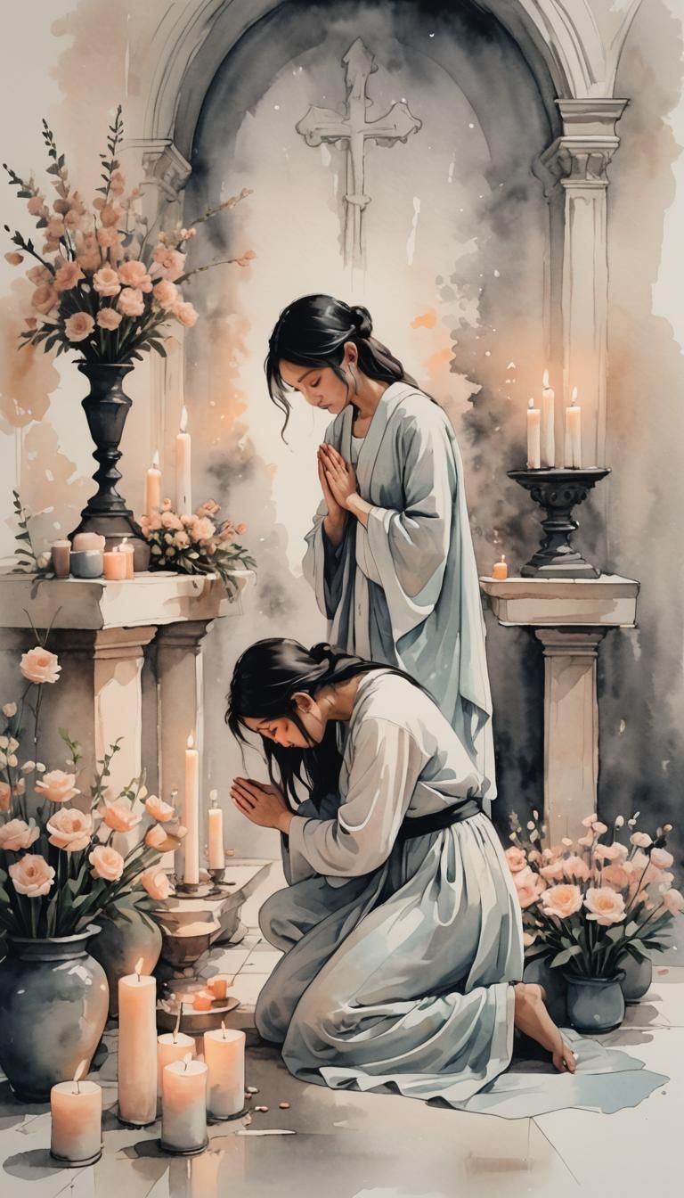 Minimalist Ink Painting of Girl Praying