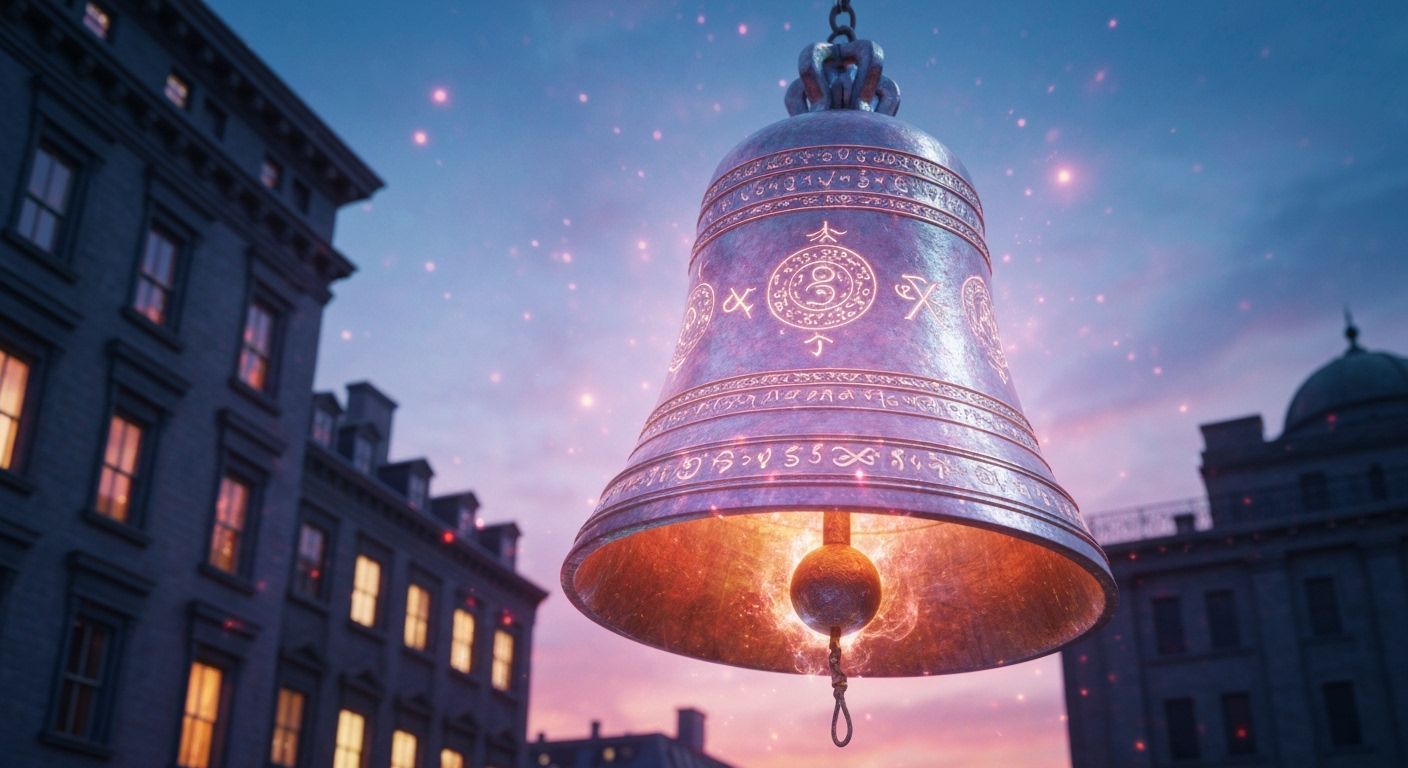 Magical Bell Pulses Above City in Fantasy Style