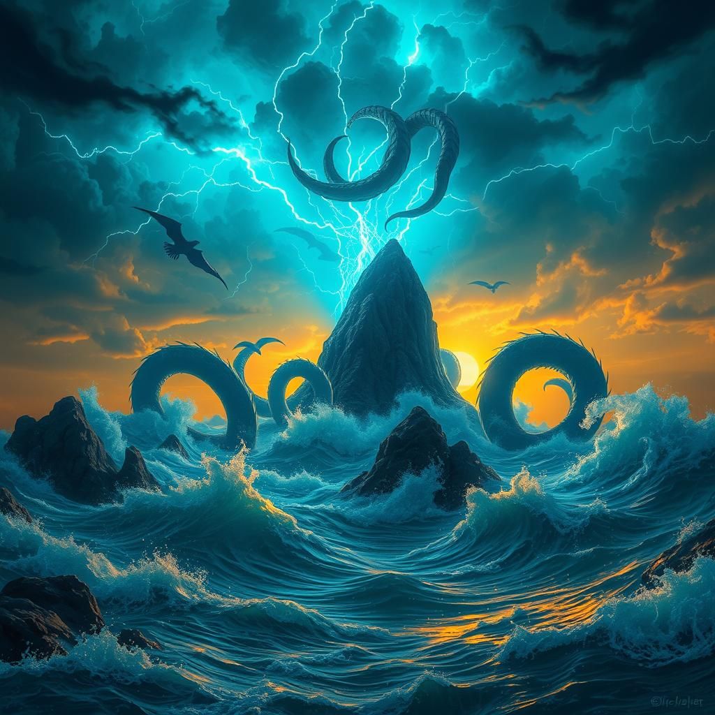 Cthulhu Rises from Ry'leh in Stormy Seas