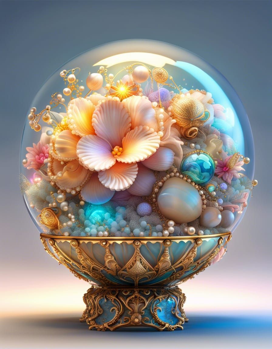 Glowing Seashell with Neon Flowers in Glass Orb