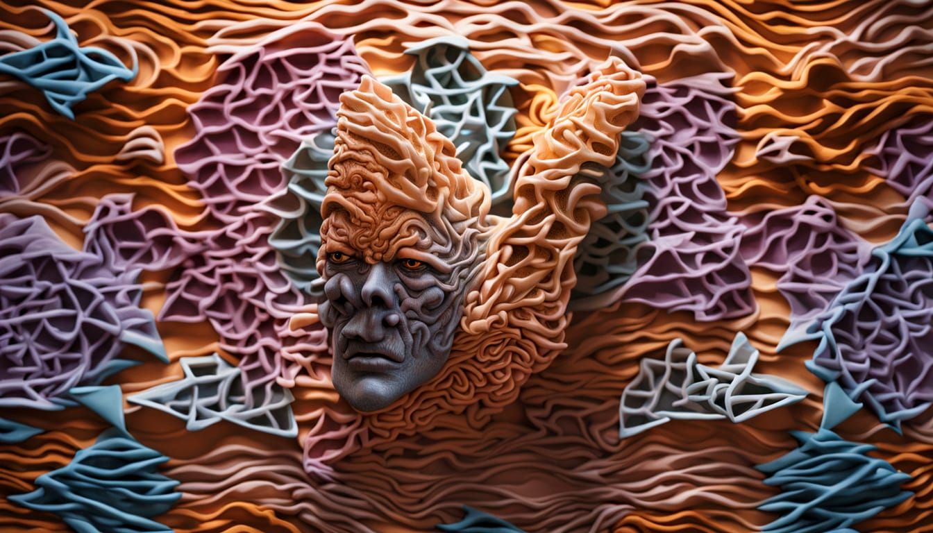 3D anthropomorphic  vast irregular fractal imaginary negative space  chromoshadow surrealastic depth of field sgraffito ...