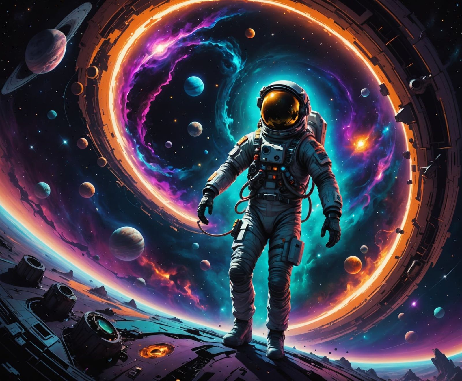 Astronaut Adrift in Cosmic Void, Tethered to Alien Ship