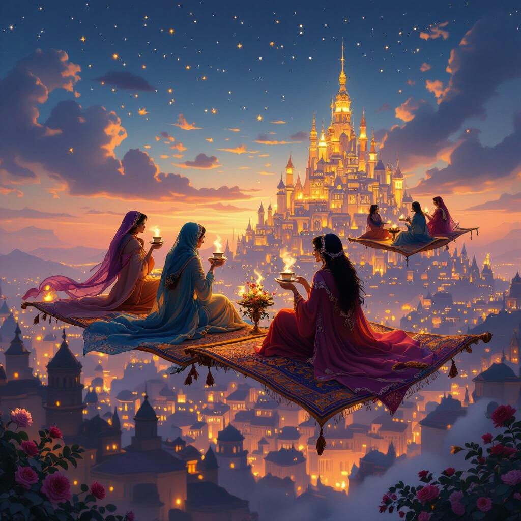 Lovers Ride Enchanted Carpets Over a Gleaming Cityscape at T...