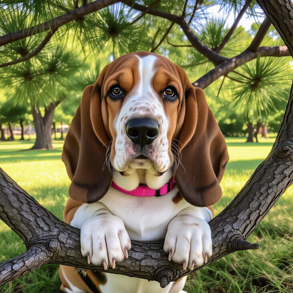 Basset Hound Poses by Tree with Pink Collar