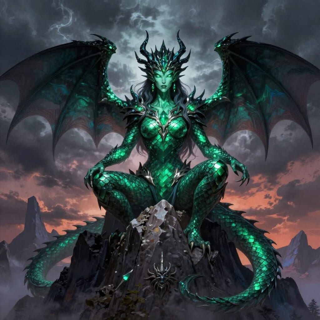 Majestic Dragon Queen on Mountain Peak in Fantasy Art Style
