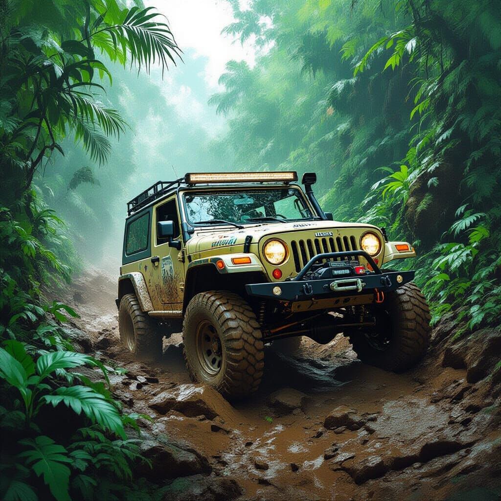 Off-Road Vehicle Climbs Rocky Forest Trail