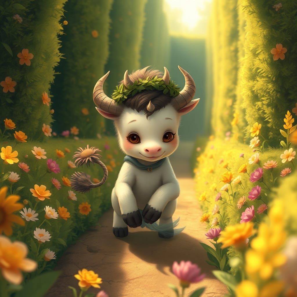 Adorable Baby Minotaur in Flower Maze