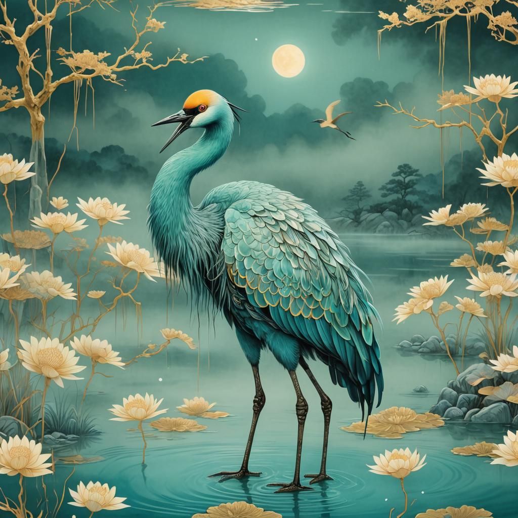 Turquoise Crane in Ethereal Moonlight Fantasy