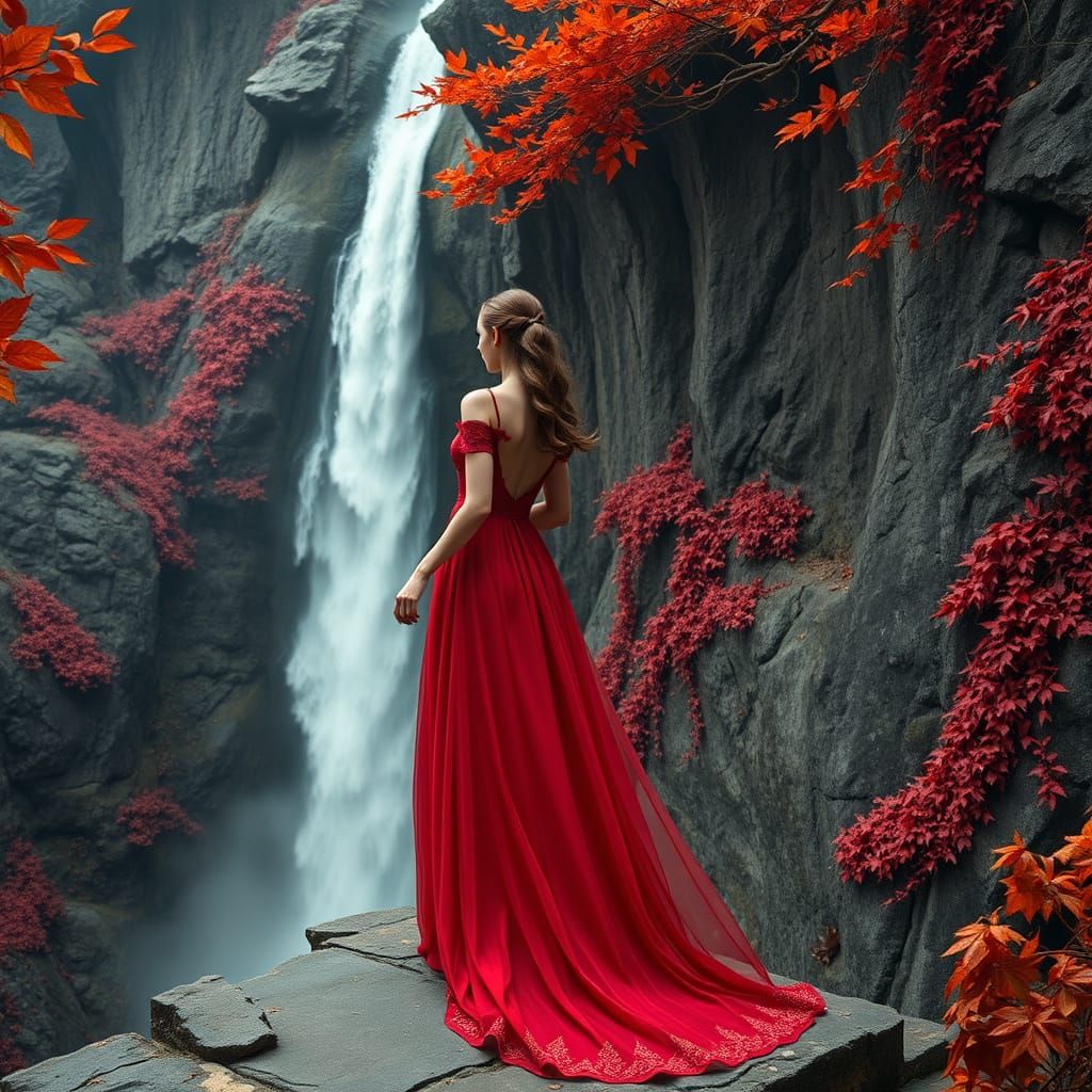 Ethereal Portrait of a Woman in Crimson Red Evening Gown