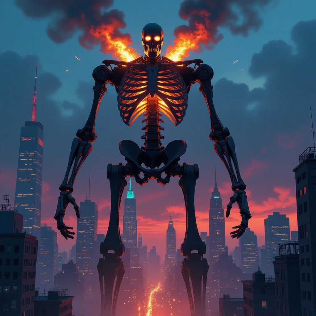 Gigantic Cyberpunk Metal Skeleton Over Cityscape