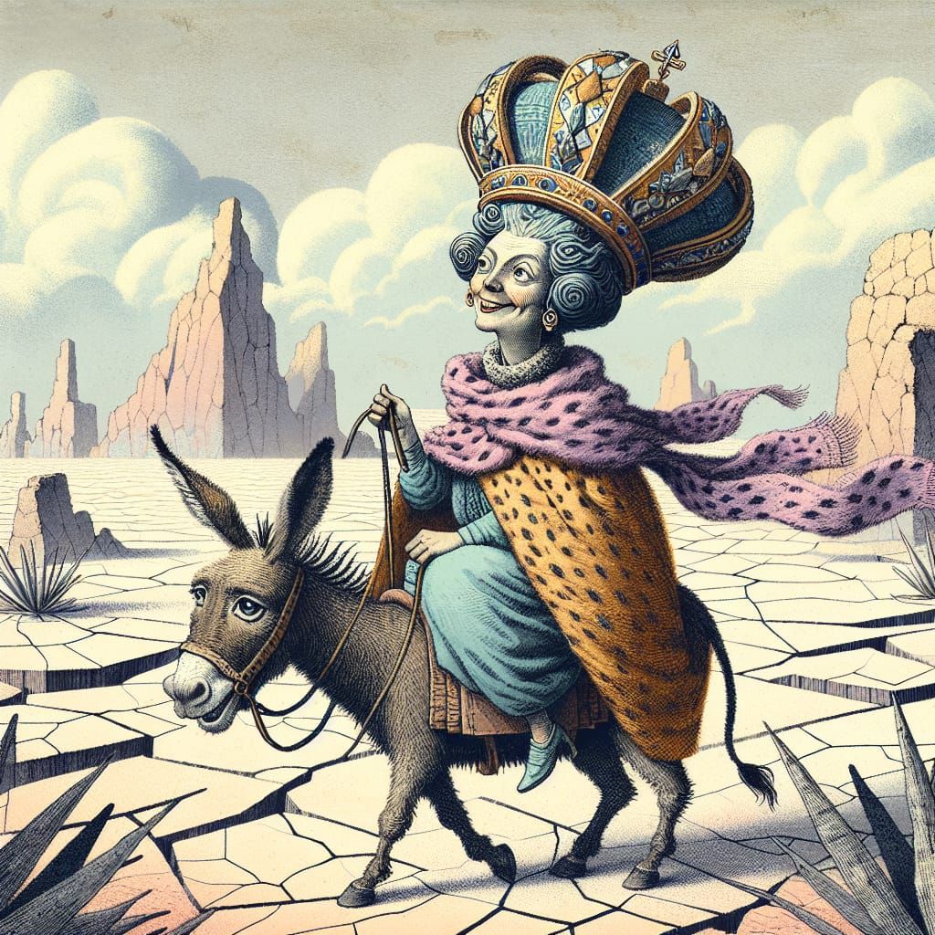 A comically arrogant QUEEN wearing an oversized tarnished cr...