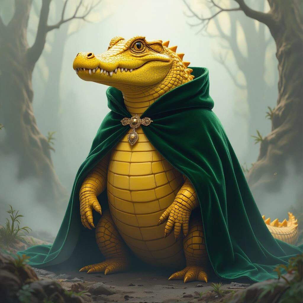 Yellow crocodile in velvet green cape