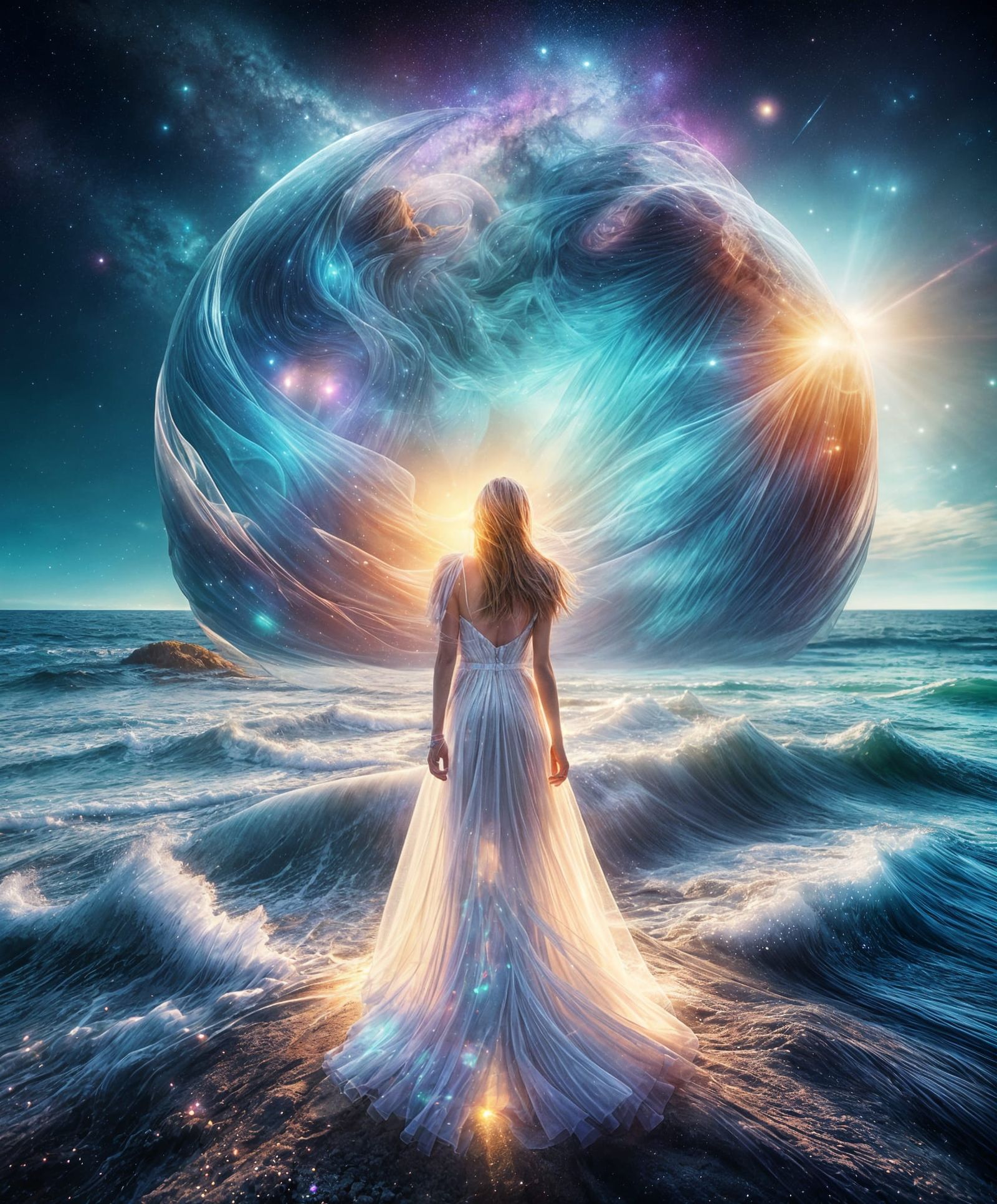 Woman in Bioluminescent Tulle Gown at Sunset