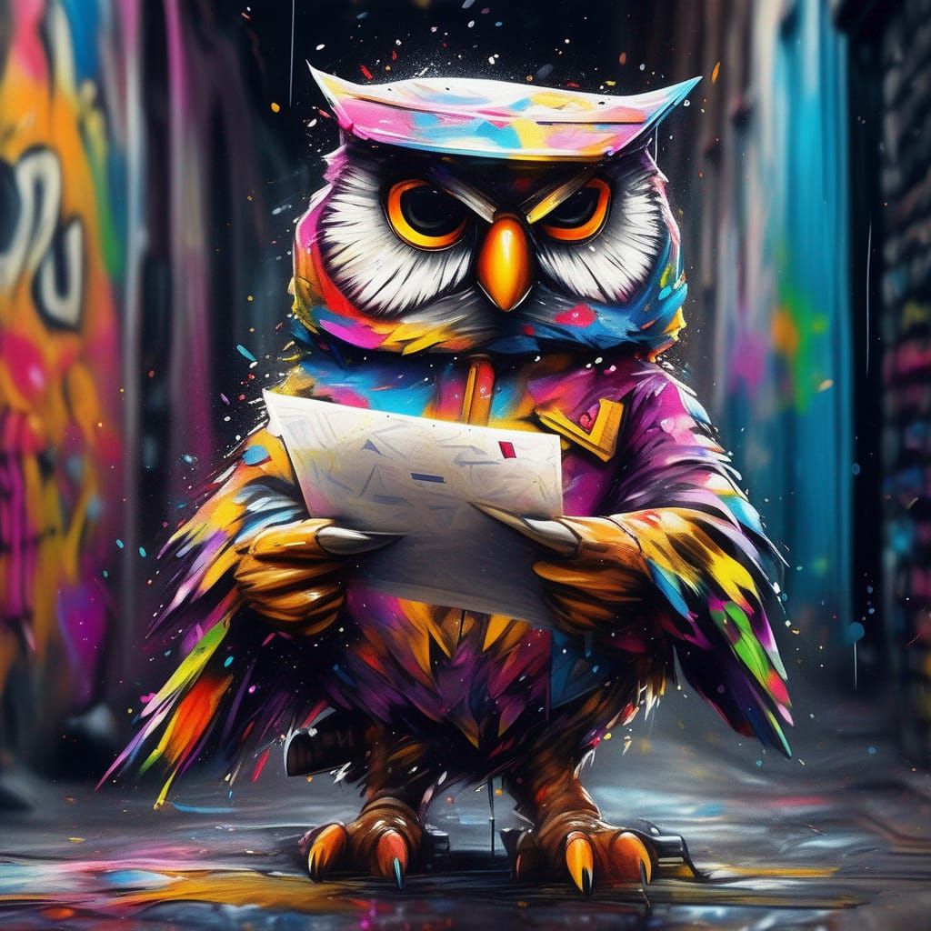 Owl Postman Delivers Letters in Graffiti Art