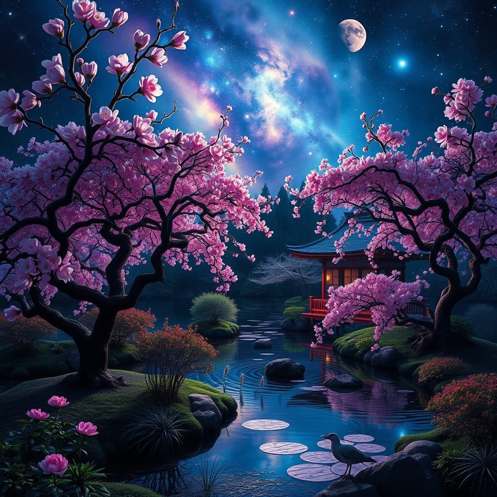 Surreal Nighttime Japanese Garden with Cosmic Glow